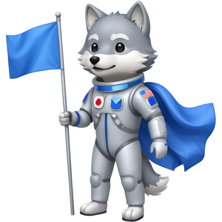 a wolf in space suit, holding blue rectangle flag, full body emoji