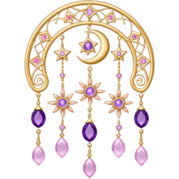 Epic Hanging gold suncatcher, threads with shiny sparkly amethyst and rose-quartz gemstones, flowers, moons, stars, emoji