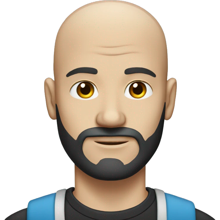 Bald guy with blue eyes, dark beard and a t-shirt with a skull emoji