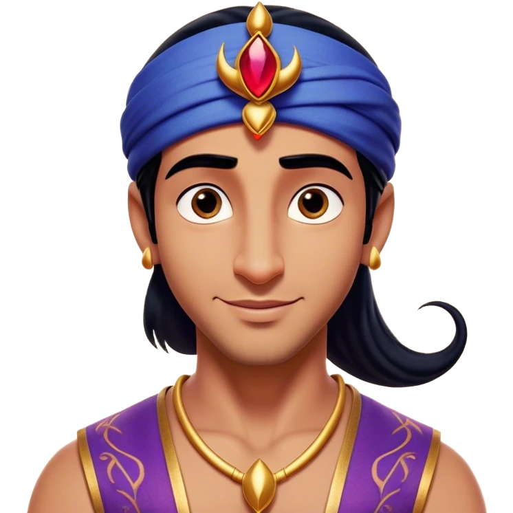 Cinematic Realistic Aladdin Portrait, head tilted playfully and inquisitively, showcasing his roguish charm and bright, mischievous eyes. His signature attire is rendered in exquisite detail with dynamic natural highlights, and a hint of magic sparkles about him—embodying a youthful, adventurous energy with friendly power. emoji