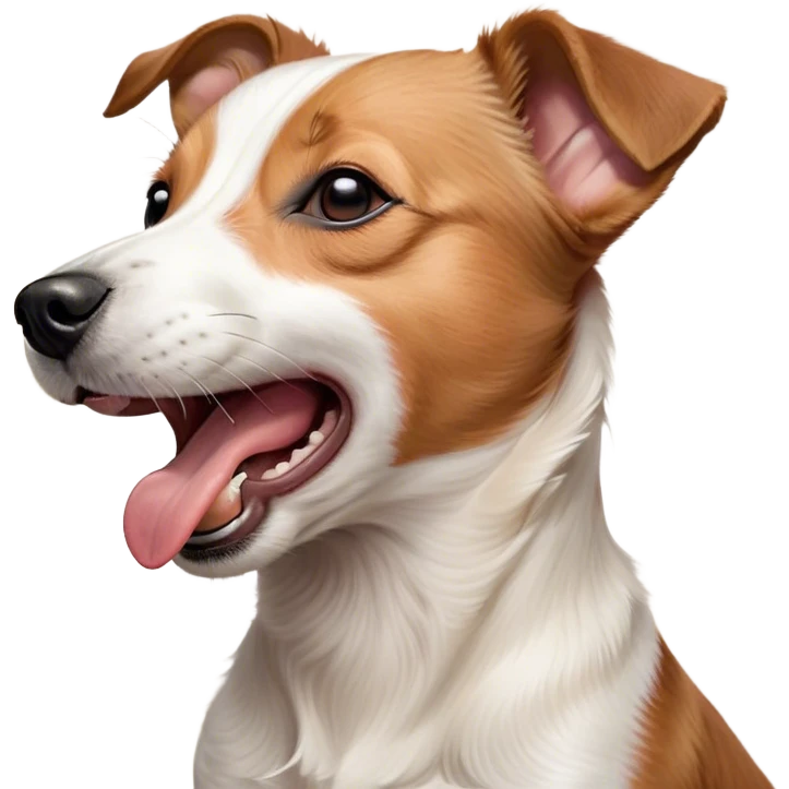 Cinematic Cute Yawning Jack Russell Terrier Portrait Emoji, Head tilted slightly with a dramatic, wide-open yawn, showcasing a compact, energetic form with floppy ears and sleepy, half-closed eyes, a slightly open mouth revealing gentle canine charm, Simplified yet irresistibly adorable features, highly detailed, glowing with a soft, cozy glow, high shine, relaxed yet expressive, stylized with a dash of whimsical canine ease, soft glowing outline, capturing the essence of a drowsy yet affectionate Jack Russell Terrier that appears ready to stretch out and yawn its way out of the screen! emoji