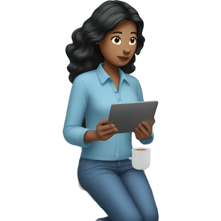 Woman working on a computer with black hair, AirPods and blue shirt emoji