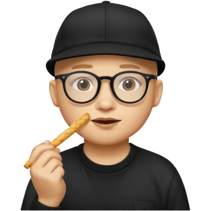 num num eatting hashbrown sticks with a plain black cap and glasses no hair emoji