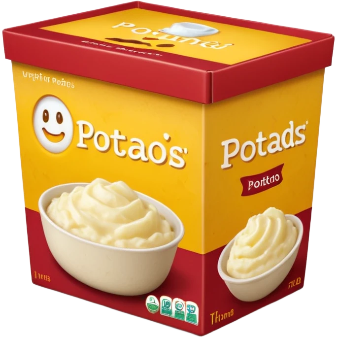 rectangular cardboard box upright slightly thick warm yellow and red tones front illustration smooth creamy mashed potatoes no branding subtle potato imagery natural cues no bowl plate sachets visible closed box soft lighting subtle shadows transparent background emoji scale emoji
