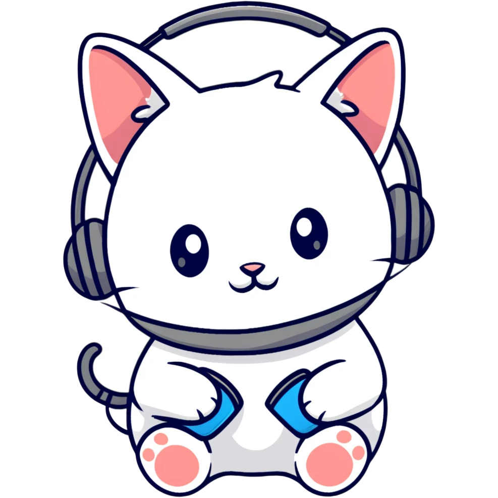 white hacker cat with headphones and a mouse emoji