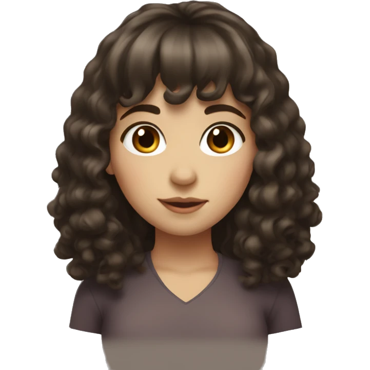 A girl with long dark brown curly hair with white skin tone and brown eyes and full bangs emoji
