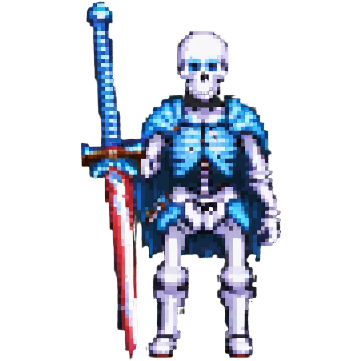 pixel art skeleton with a large sword, simple background emoji
