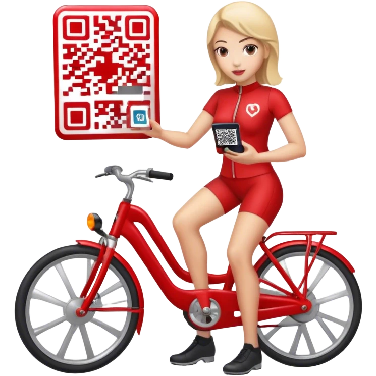 QR code on a red bike  -and a woman scanning the code standing next to the bike emoji