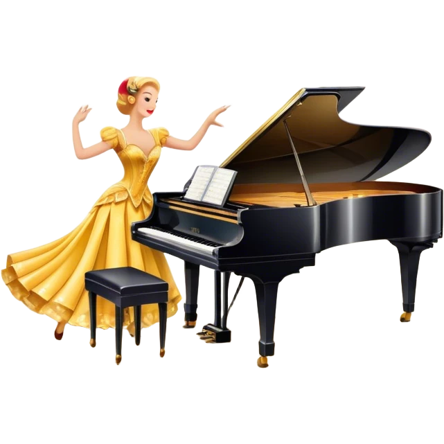 A vintage movie poster-style design featuring musical notes, a shining spotlight, and performers in glamorous costumes. Include elements like a dancing couple, a grand piano, and colorful stage lights. Retro cinematic flair with a lively and joyful atmosphere. Transparent background. emoji