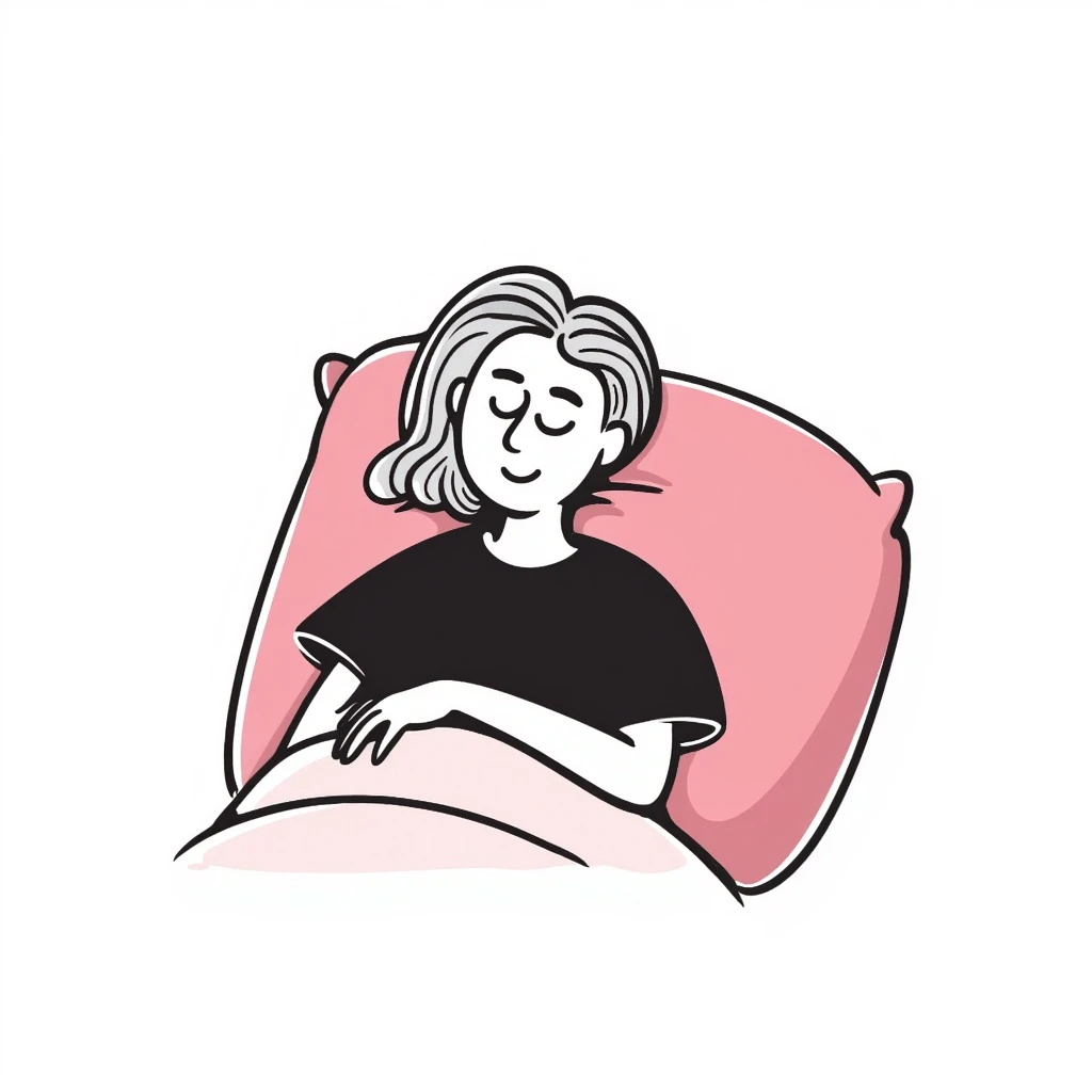 A detailed illustration of a girl with light brown hair and gray eyes, lying comfortably on a pink pillow, in the style of iOS 18 and Notion's black doodle aesthetic emoji