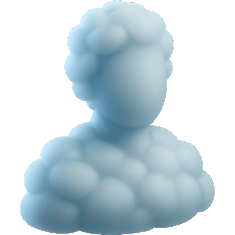 person made entirely of white fluffy convex clouds with a slight blue tint, shoulder up, front view, matte glass style, no background emoji