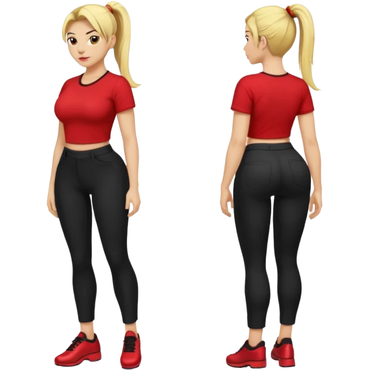 A smiley yellow emoji (like 😊) with a ponytail, red shirt, big breasts, black pants, ass and red shoes emoji