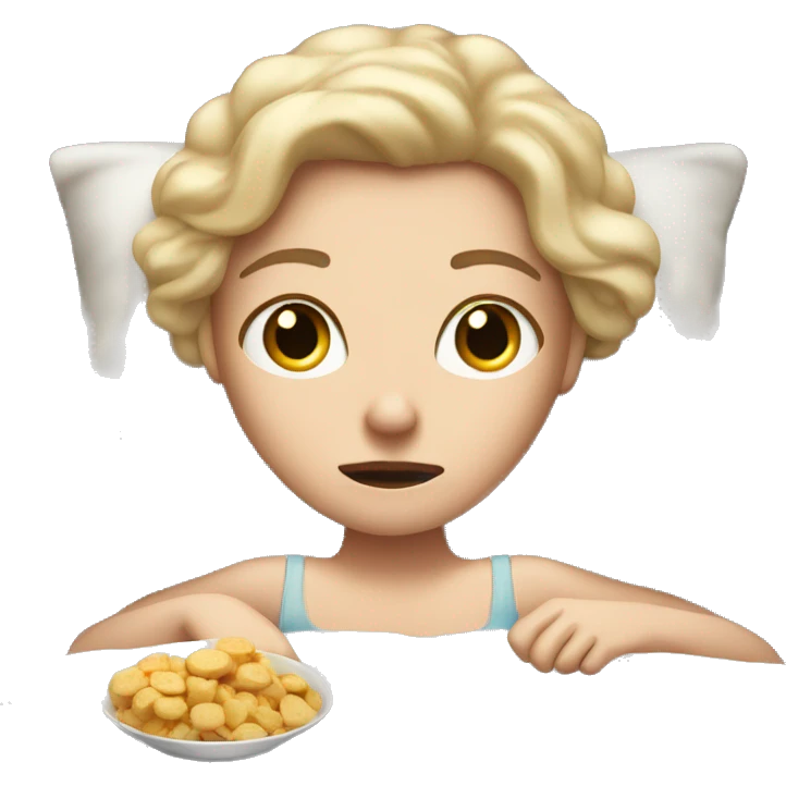 White girl awake at night in bed with snacks emoji