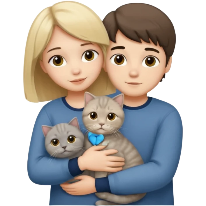 Blonde girl and brunette boy hugging a grey scottish fold cat emoji