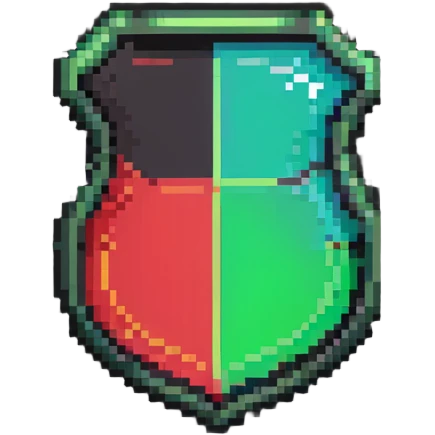 Member badge with a shield shape and green to red gradient background with pixel art details emoji