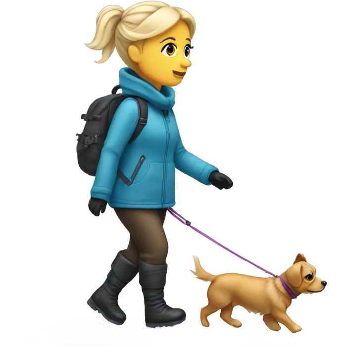 The back of a blonde woman walking a tiny dog on snow and ice  emoji