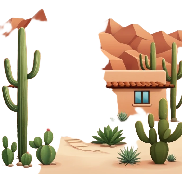 Tucson style house with adobe walls, flat roof, southwestern architecture, desert landscaping, cactus emoji