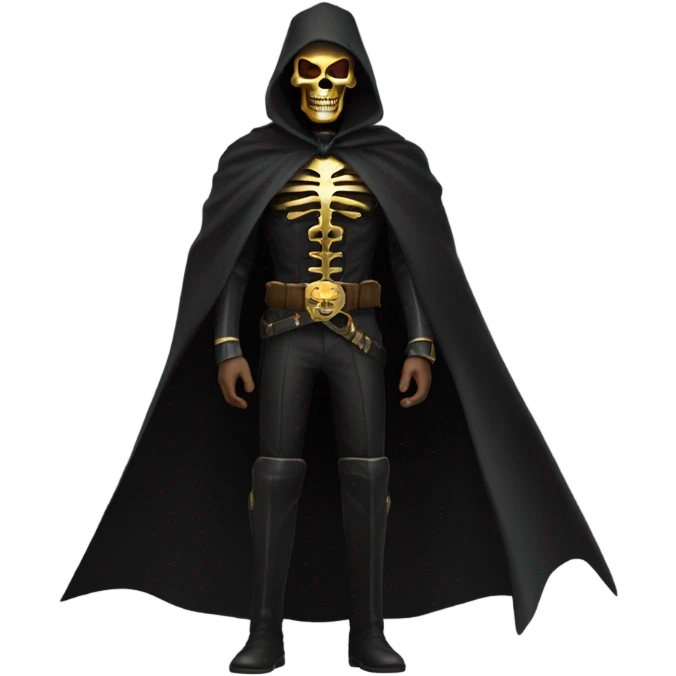 Bounty Hunter Boss with black cape and a gold skull jaw mask from death Stranding, full body view emoji