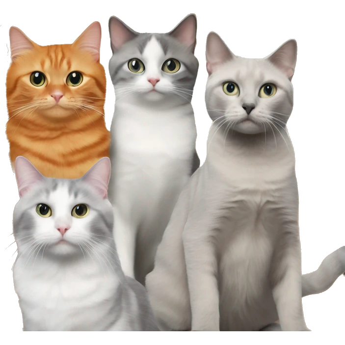 1 orange cat, 1 gray and white cat, 1 gray tabby cat, and 1 ragdoll cat at birthday party emoji