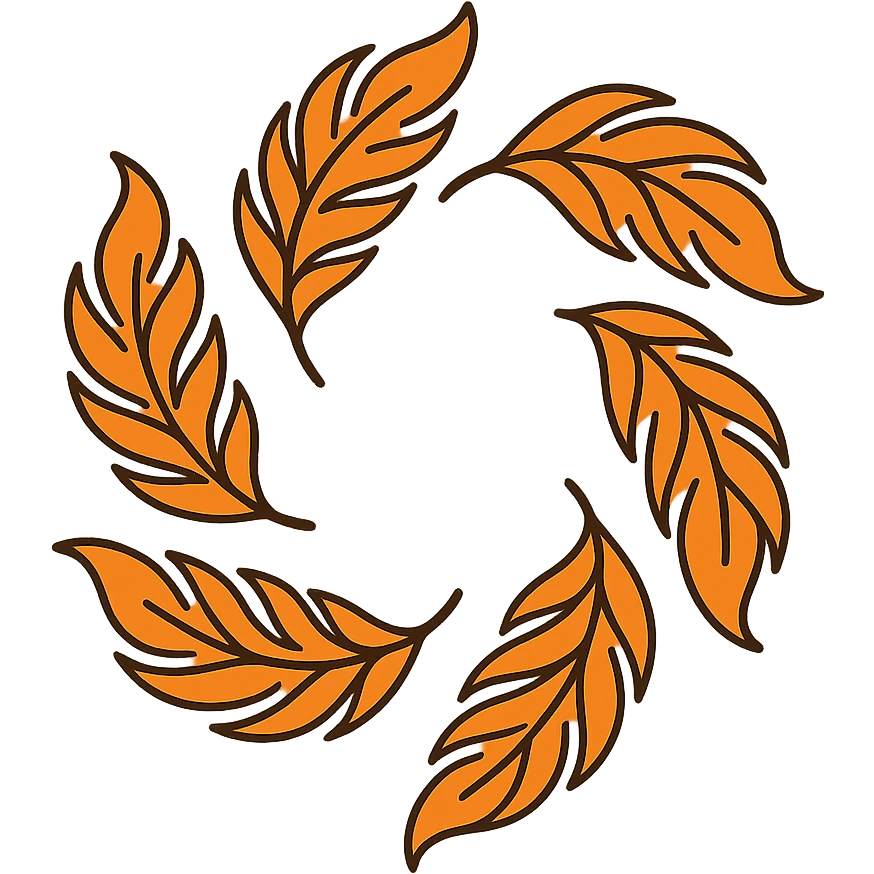 Create a minimalist version of six fiery phoenix feathers arranged in a circular pattern with clean lines, simple shapes, and a limited color palette. Use a white or transparent background. emoji