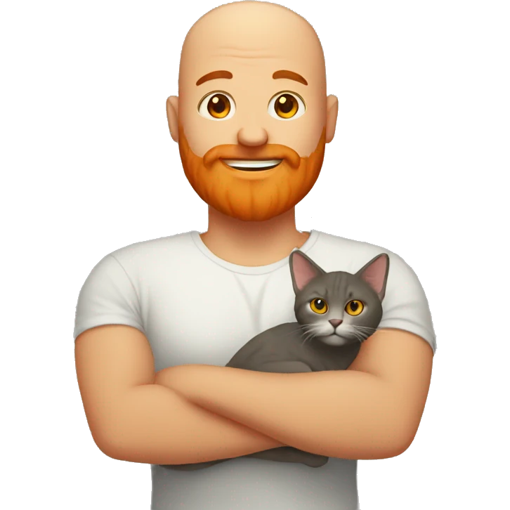 A bald man with a big orange beard holding a cat emoji