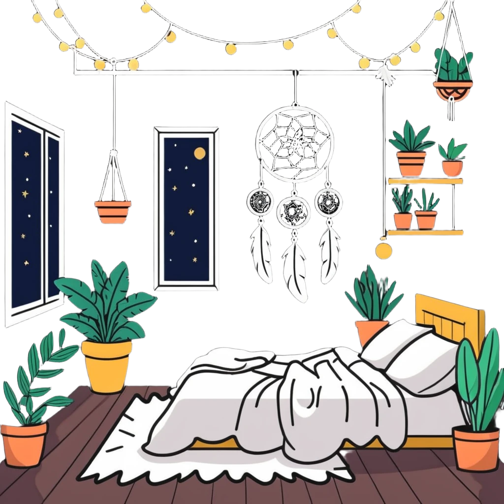 boho bedroom with hanging plants, dreamcatcher, fluffy rug, and string lights emoji