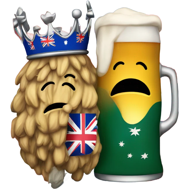 An australian flag hugging a British flag- The British flag is holding a beer and wearing a crown and the Australian flag looks sad and dishevelled  emoji