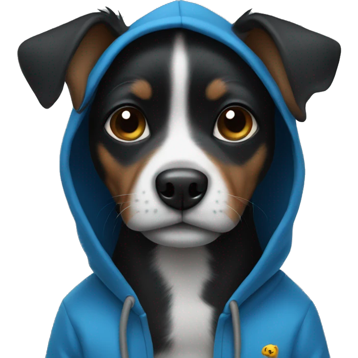 Black small dog wearing a blue hoodie  emoji