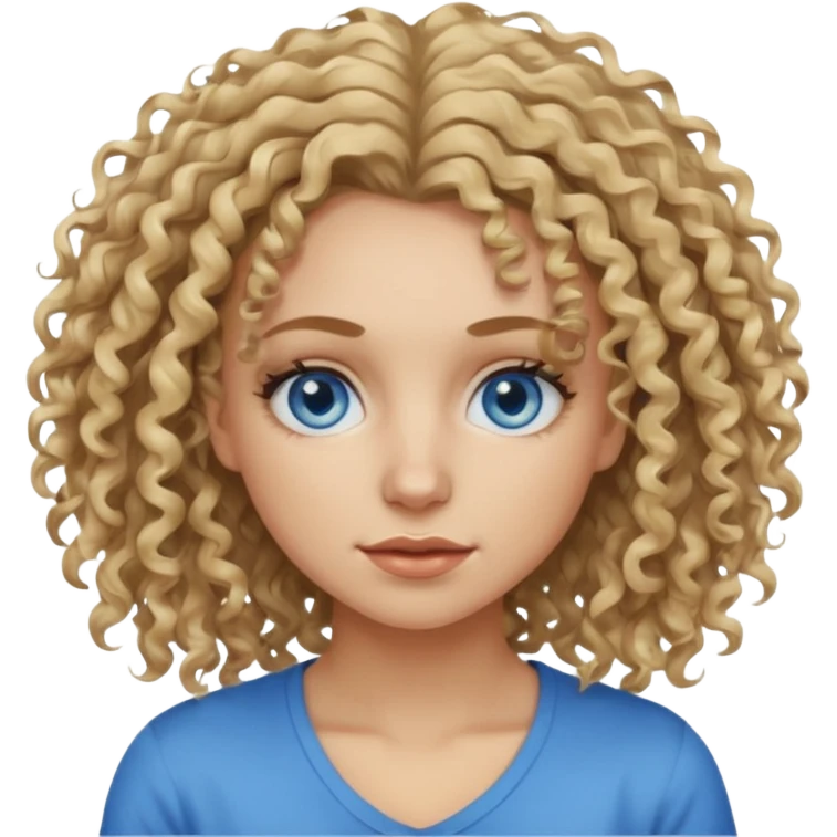 This is a 2D digital anime-style portrait of a female, caucasian, 29 years old light skin. The person has messy dirty blond curly hair, round blue eyes.  emoji