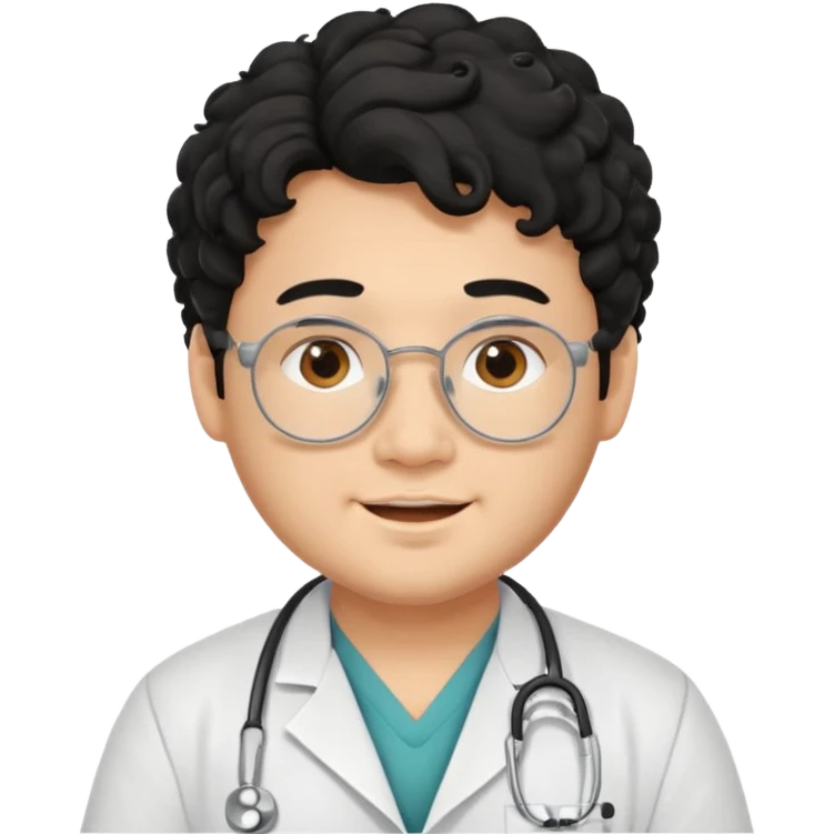 a young asian chubby male doctor with black long curly hair and cheerful face without gpasses emoji