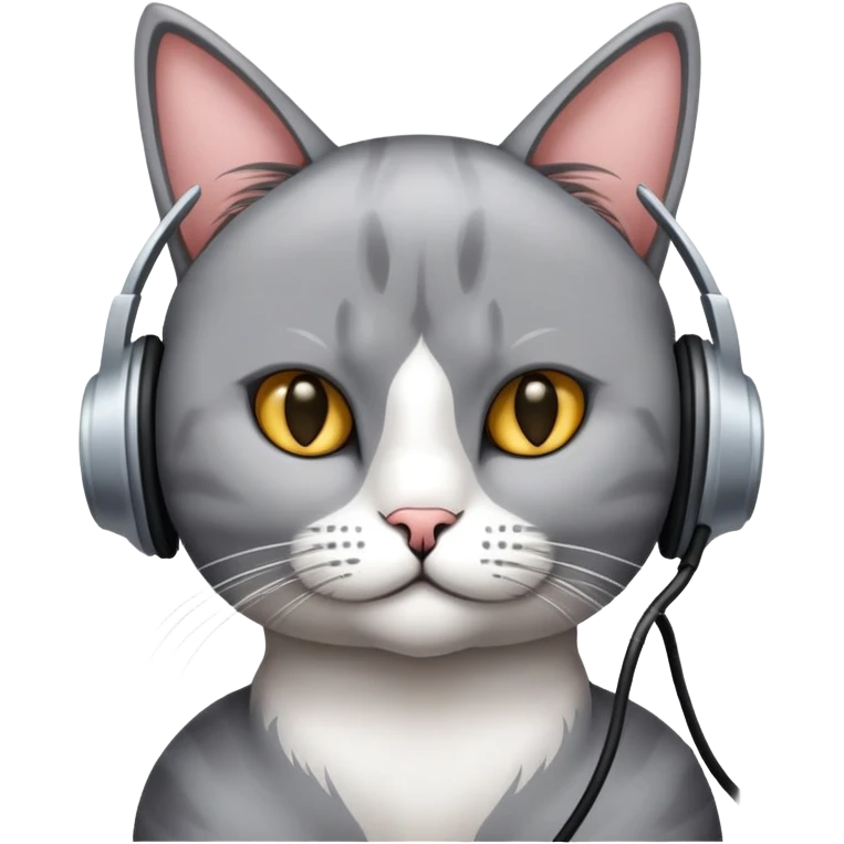 Gato persa gris con audífonos y detrás de él un cartel con el nombre PRIMERA 88.3FM emoji