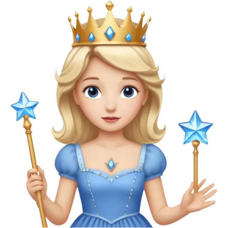 dorothy queen blonde hair, white dress with magic wand, rounded sparcle, and crown on head.Decolded blue dress emoji