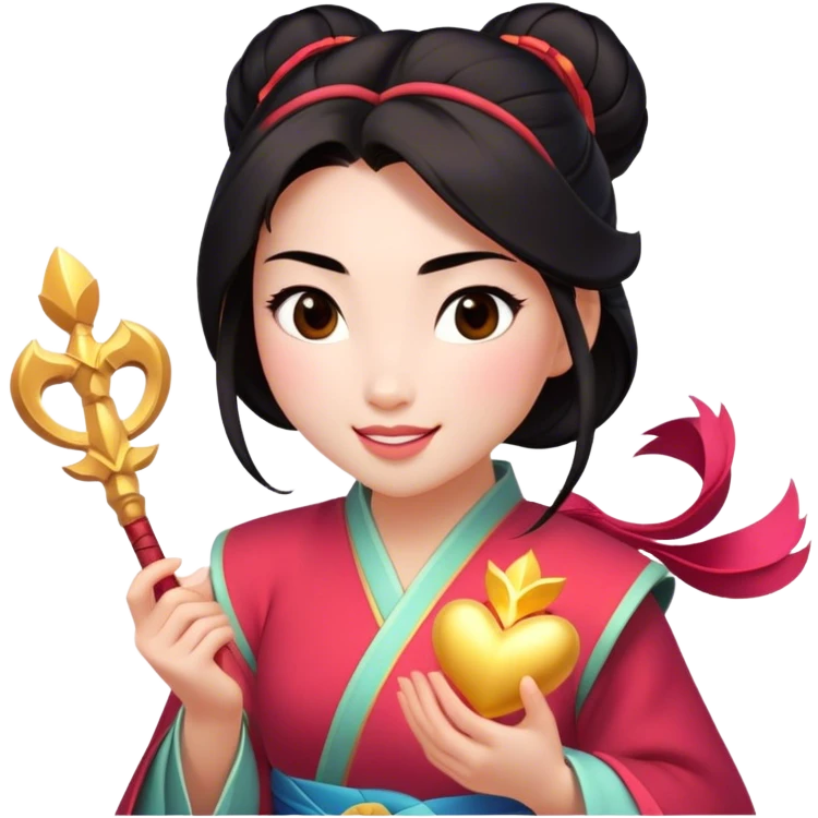 Cinematic Adorable Mulan Portrait Emoji, Playfully holding Cri-Kee in her hands, eyes sparkling with mischief, soft rosy cheeks, a warrior with a heart full of charm, radiant in the morning sunlight, glowing with warmth and joy! emoji