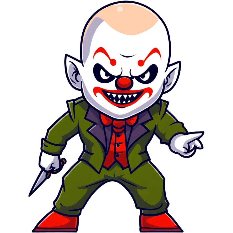 evil clown warrior, bald, small black satan-like horns on forehead, fangs, pointed ears, black and military green leisure suit with bellbottom pants, realistically proportioned, less bulky, full body, battle-ready fighting posture emoji