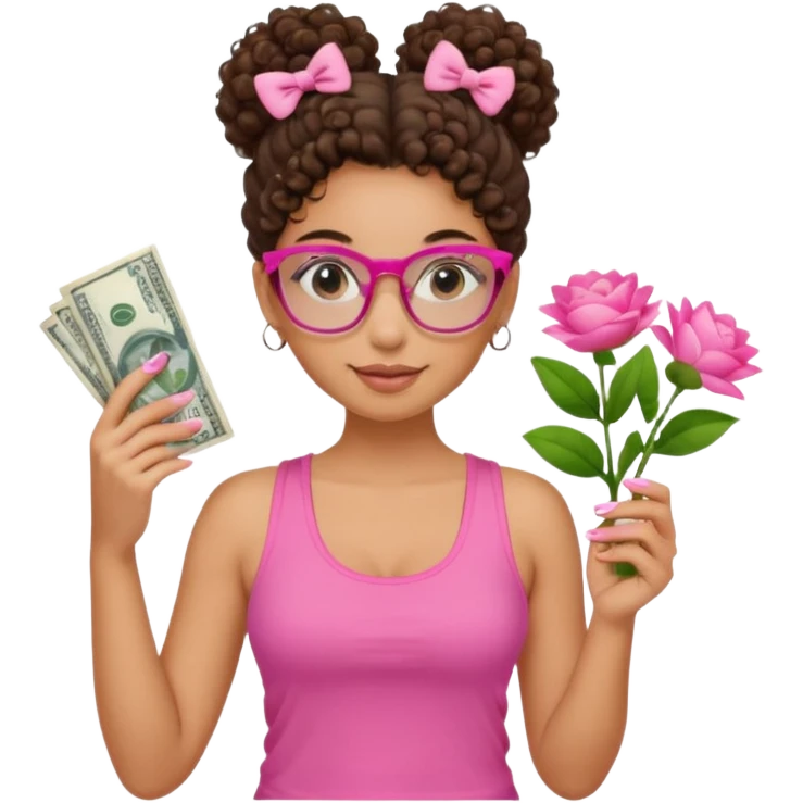 Uma menina com o cabelo cacheado com um Coque com baby hair, morena, e com uma regata rosa com um gloss na frente da regata ,com unha em gel,e com dinheiro na mão ,e com flores na outra mão,  com óculos  emoji