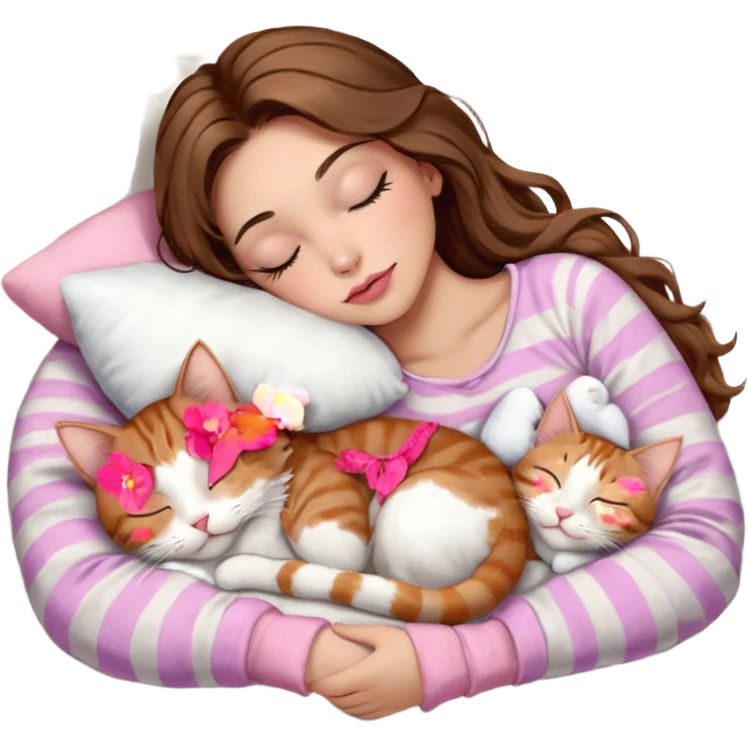 girl with long wavy brown hair, brown eyes, long lashes makeup, sexy pink lips, light to medium complexion,  sleeping on a cozy pillow, with 6 cats: 1 brown and white tabby cat, 1 ginger and white, 2 grey and white, 1 grey with white mittens and small white patch on chest and 1 calico, sleeping emoji