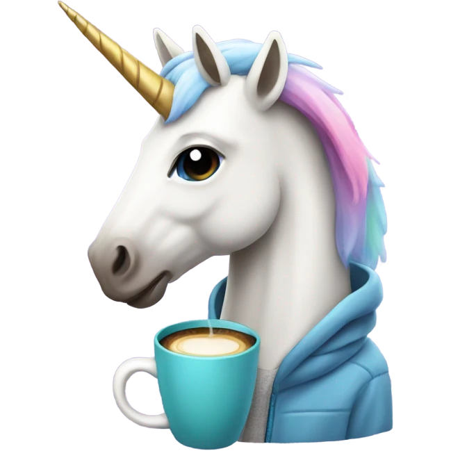 Unicorn with hoodie and coffee emoji