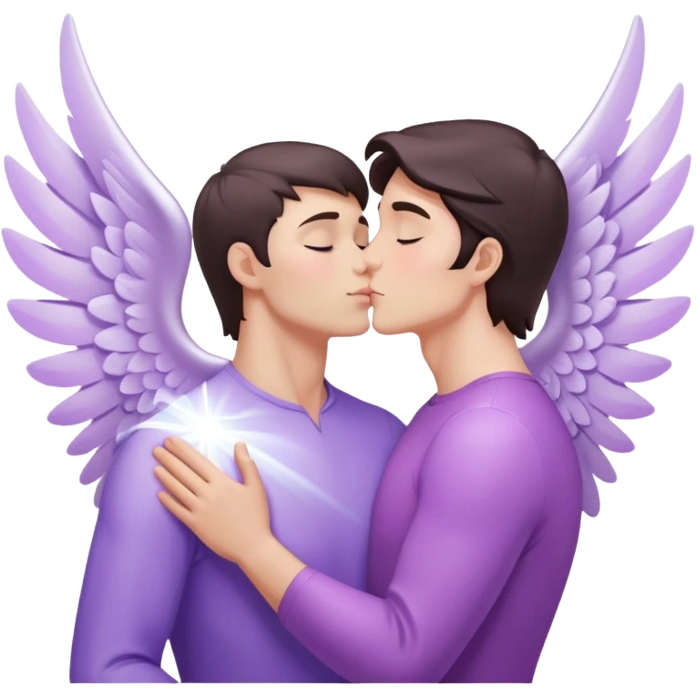 White brunette human man with rays of light Heart kisses a pastel purple angel woman emoji