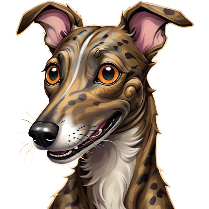 Cinematic Comical Brindle Greyhound Portrait Emoji, Head tilted dramatically with an exaggeratedly amused expression, featuring a striking brindle Fur with bold patterns, wide, expressive eyes filled with playful disbelief, Simplified yet hilariously expressive features, highly detailed, glowing with a slightly sassy glow, high shine, dramatic yet playful, stylized with an air of cheeky mischief, bright and endearing, soft glowing outline, capturing the essence of a spirited and over-the-top racer, so meme-worthy it feels like it could side-eye its way into internet fame instantly! emoji