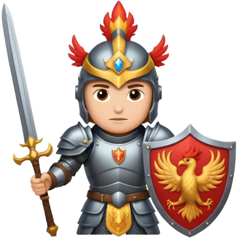 Warrior with a shield with a phoenix on it and a sword in heavy armor emoji