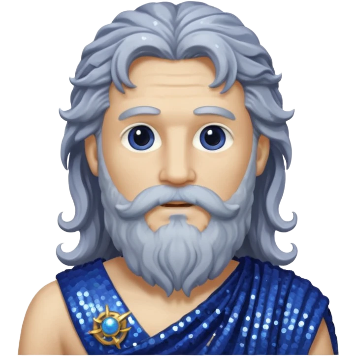 Saturn, God of Time from Roman Deities with long gray wavy hair and beard, indigo sequin toga emoji