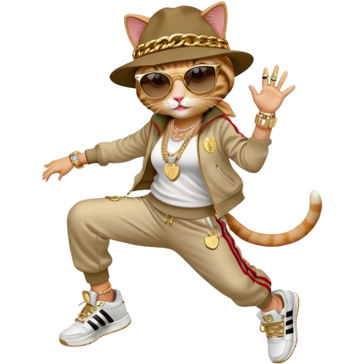 female cat jumping, Run DMC hip-hop outfit, tracksuit, fedora, Adidas sneakers, dark sunglasses, many gold chains, bling accessories rings bracelets earrings emoji