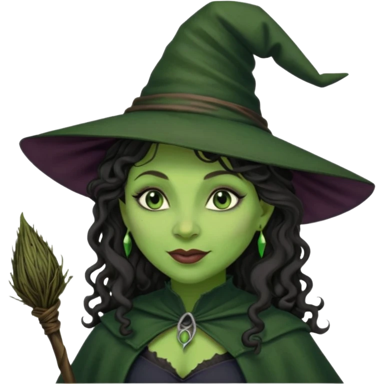 elphaba the wicked witch from wicked movie (cynthia erivo) dark long curly hair, thick lips, wide nose, green skins, witch hat, witch broom, evil, wicked musical film, smirk emoji