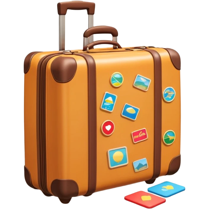 A 3D cartoon suitcase placed on the ground with travel stickers, soft sunlight, warm tone, realistic Memoji-style design. emoji