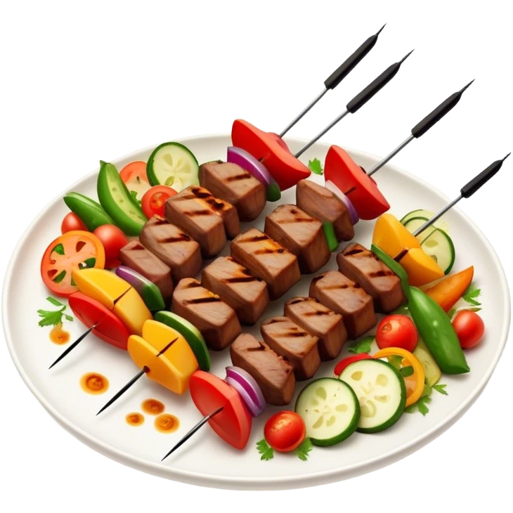 Cinematic Realistic Shish Kebab Dish Emoji, showcasing skewered, grilled meat with vibrant vegetables rendered with dynamic textures and warm, inviting lighting. emoji