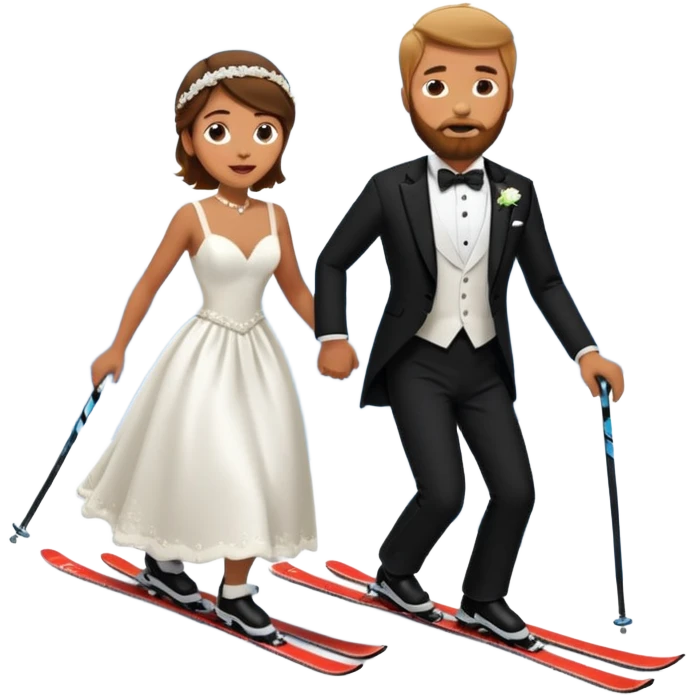 a couple skiing, man with a beard in a tux and woman in a wedding dress on their skiis going down a slope emoji