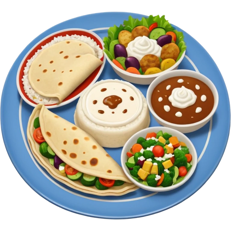 dinner plate , rice , bowl of  gravy , roti , veggies , curd , salad    emoji