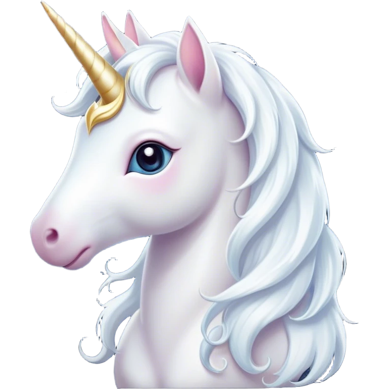 Cinematic Cute White Unicorn Portrait Emoji, Head tilted playfully and inquisitively, featuring a charming, petite form with a silky white color, a delicately flowing mane and tail, and a tiny, sparkling horn, with large, dreamy eyes full of wonder, Simplified yet irresistibly adorable features, highly detailed, glowing with a warm, enchanting glow, high shine, affectionate and lively, stylized with a touch of fairy-tale whimsy, soft glowing outline, capturing the essence of a mischievous yet endearing white unicorn that seems as if it could gallop out of the screen into your heart! emoji