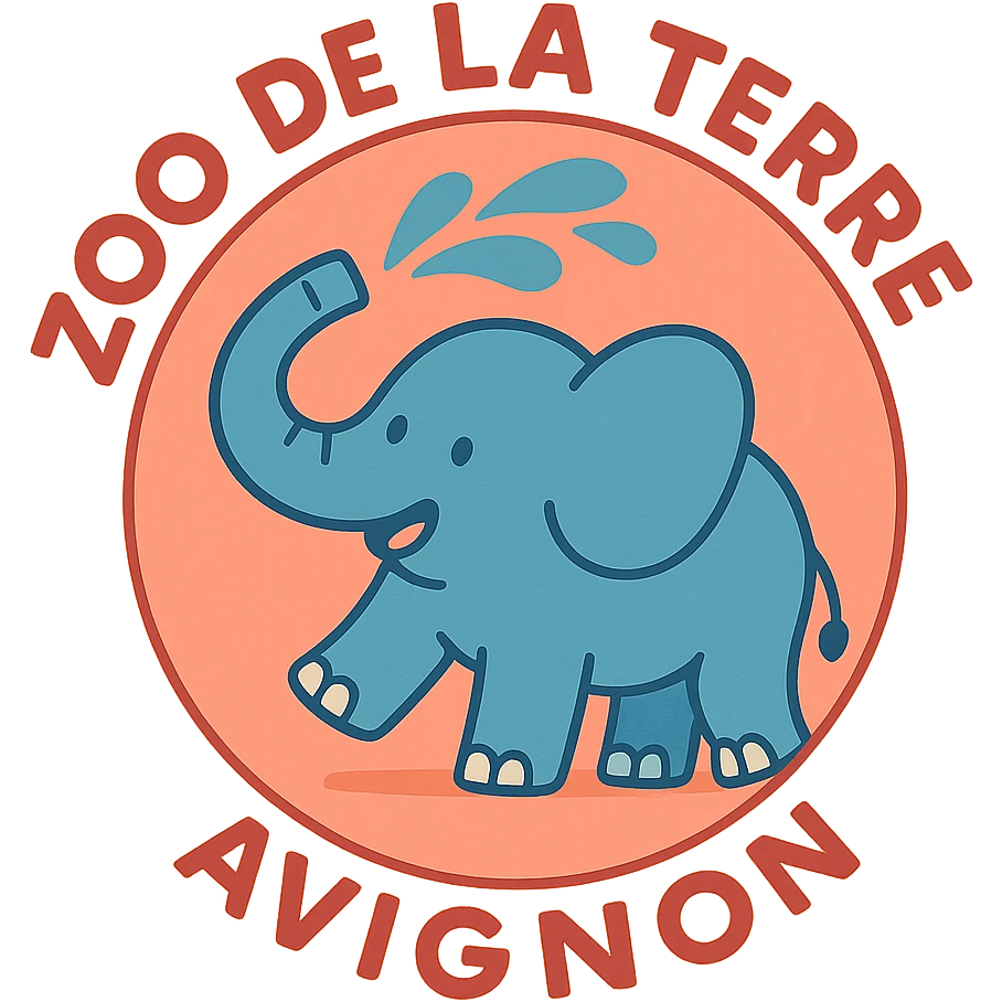 Logo avce un éléphant qui projette de l'eau avec au tour ( en rond ) écris : zoo de la terre avignon  emoji