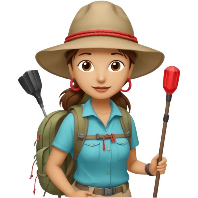 Middle aged women, long brown ponytail with wide brim hiking hat. With backpack and trekking poles. Backpack has a scallop shell with the cross of saint james hanging from it.  Remove the cross and add a scallop shell on a red string hanging from the backpack  emoji